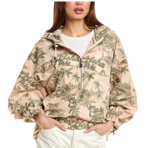 Maje NWT Palm Tree Print Hooded Jacket Aloha Full Zip Windbreaker 40 Large L